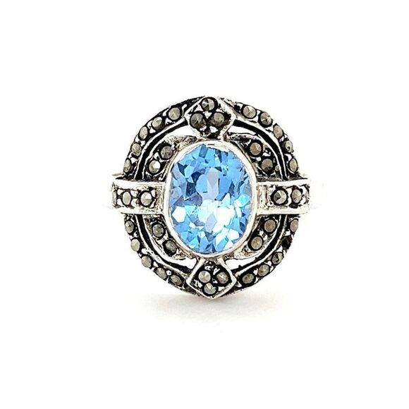 Sterling Silver 925 Openwork Topaz /Marcasite Ring - Picture 1 of 10